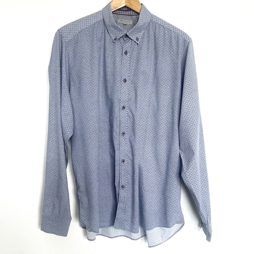 Ted Baker Button-Down Shirt Size 6 (XL) Blue Geometric Micro Print Long Sleeve